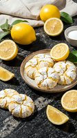 Homemade lemon crinkle cookies dusted with powdered sugar on wooden plate surrounded by fresh lemons and green leaves on dark stone surface.