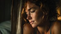 Young Caucasian woman with freckles and curly red hair in profile view, illuminated by warm natural light against dark background, conveying contemplation and serenity.