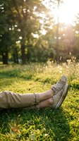 Person relaxing on green grass in sunny park, legs stretched out wearing casual sneakers, golden sunlight filtering through trees in summer.