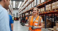 Smiling blonde female warehouse worker in orange safety vest talking with male colleague in modern distribution center with shelved inventory.