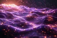 Abstract purple and orange waves of light with glowing particles creating magical atmospheric effect against dark background, suitable for technology designs.