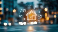 Glowing smart home icon with connected devices symbols floating over blurred urban background with bokeh lights creating futuristic technology concept.
