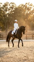 Female equestrian rider in white uniform performing dressage on dark bay horse during golden hour sunset at outdoor arena with warm lighting and trees.
