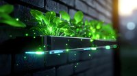 Glowing green plants in modern hydroponic garden with magical light effects and bokeh. Dark moody atmosphere creates futuristic indoor growing environment.