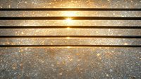 Glowing golden light bursts through metallic horizontal bars against dark background with sparkling bokeh effect and magical dust particles floating in space.