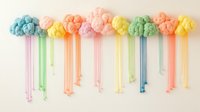 Colorful fluffy clouds with hanging rain strands in pastel shades on beige background, modern wall decor art installation for nursery or children room.
