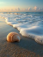Seashell on sandy beach with gentle waves and foam at golden hour sunrise creating peaceful coastal scene for vacation and travel concepts.