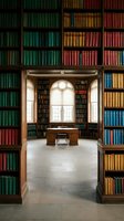Grand library interior with colorful book collection on wooden shelves, arched window and reading desk for academic research and literary studies.