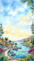 Watercolor Mediterranean coastal village with sailboats, colorful houses, palm trees, and floral frame under a bright summer sky.