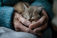 Tiny gray kitten sleeping peacefully in elderly hands wrapped in blue sweater, symbolizing care, companionship and comfort for seniors.