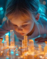 Young Caucasian girl gazing at glowing miniature city skyline with modern skyscrapers in magical orange and turquoise lighting, creating dreamy atmosphere and bokeh effects.