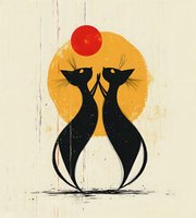 Minimalist black cat silhouettes against orange moon circle, artistic composition with grunge texture effect for wall art and decorative prints.