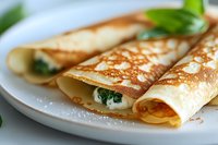 Delicate crepes filled with spinach and cheese served on white plate, garnished with fresh basil leaves and powdered sugar, close-up view of French cuisine.