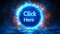 Glowing blue neon click here button with magical particle effect and reflection on dark water surface, digital marketing concept for web design.