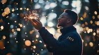 Young African American man holding sparkler at dusk, wearing glasses and 2024 jacket, with magical bokeh lights creating dreamy festive atmosphere. Celebration concept.