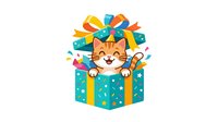 Cute ginger cat with smiling face popping out of colorful gift box with yellow ribbon and bow, surrounded by confetti and stars on white background.