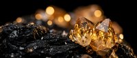 Raw citrine crystal and black coal chunks with warm golden bokeh lights creating luxurious mineral display for jewelry making and geological collection.