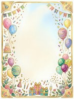 Festive celebration border frame with colorful balloons, bunting, confetti, gift boxes, cake and floral elements on cream background. Isolated design ready for invitations, cards and posters.