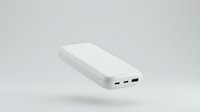 White portable power bank with USB ports floating on light gray background for technology and mobile device charging concepts.