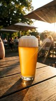 Fresh beer glass with foam on wooden table at outdoor restaurant terrace during golden hour sunset with blurred people in background.