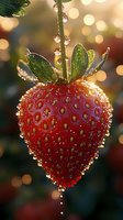 Fresh ripe strawberry with water drops and morning dew against blurred bokeh background, macro photography showing detailed texture and natural light.