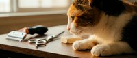 Calico cat resting on a wooden table near grooming scissors and clipper in warm natural light, pet care and grooming concept.