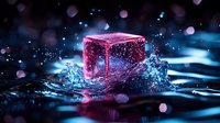 Glowing pink ice cube splashing in dark water with blue illumination and bokeh effects creates magical atmosphere for beverage and cocktail photography.