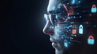 Digital security concept showing young Asian woman profile with glowing cyber elements, lock icons and network connections emerging from face. For cybersecurity themes.