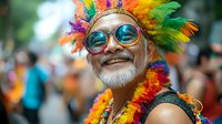 Joyful senior man with white beard wearing colorful feather headdress, sunglasses and festival attire smiling during carnival celebration, expressing happiness and festive spirit.