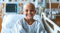 Young patient with bright smile in hospital gown sitting on bed in medical ward, showing resilience and hope during treatment. Medical equipment visible in background.
