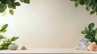 Minimalist product display platform with green leaves frame, crystals and stones on cream background, natural wellness concept for spa and meditation.