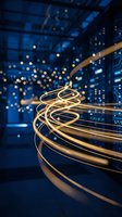 Golden light trails spiral through modern blue office space with bokeh effects creating dynamic energy flow for technology and business concepts.