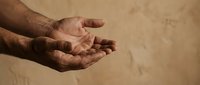 Elderly hands cupped together in prayer or offering gesture against warm beige background, symbolizing hope, faith, spirituality and human connection.