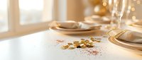Elegant festive table setting with gold confetti, champagne glasses, and white plates in warm bokeh light for holiday celebration.