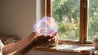 Elderly hands cupping glowing light energy in warm sunlit room, spiritual healing concept for wellness and meditation practices.