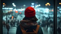 Young woman in red beanie and scarf looking at crowded city street with blurred bokeh lights at night, rear view perspective creating atmospheric urban scene.