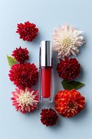 Red lip gloss bottle surrounded by burgundy and blush dahlia flowers on light blue background. Luxury cosmetic product flatlay for beauty and makeup advertising.