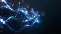 Abstract blue glowing particles flowing in wave pattern with bokeh lights on dark background, suitable for technology, digital innovation, data visualization, and futuristic design projects.