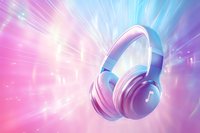 Modern wireless headphones floating on vibrant pink and blue background with glowing light rays and musical note symbol, suitable for audio technology advertising.