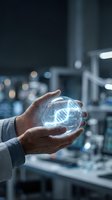 Scientist holding glowing DNA helix in laboratory setting, representing genetic research, biotechnology innovation, and scientific discovery in modern lab environment.