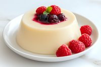 Creamy vanilla panna cotta dessert topped with fresh raspberries, blueberries and mint leaves on white plate, elegant Italian cuisine presentation.