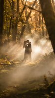 Romantic couple silhouette embracing in misty autumn forest with golden sunlight streaming through trees creating dreamy atmospheric wedding portrait scene.