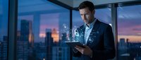 Mature male professional in dark business suit holding tablet with digital security icons, standing by floor-to-ceiling windows overlooking illuminated city skyline at dusk, representing cybersecurity and data protection.