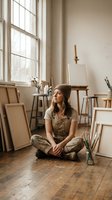 Young female artist sitting cross-legged in bright studio workspace surrounded by blank canvases and art supplies near large windows with natural light.