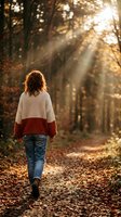 Woman jogging on autumn forest path wearing red and white sweater, surrounded by golden sunlight filtering through trees and falling leaves.