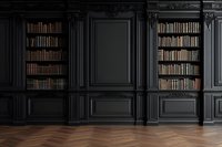 Dark classic library interior with black wooden wall panels, built-in bookshelves filled with vintage books, and herringbone parquet flooring in moody atmosphere.