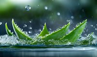 Fresh aloe vera leaves with water drops splashing in pure water, macro photography showing natural moisturizing properties against dark green background.