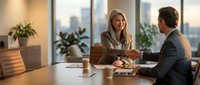 Professional blonde businesswoman and male colleague having productive meeting in modern office conference room with city skyline view and plants.