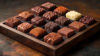 Assorted luxury chocolate pralines and truffles in wooden box on dark background. Handmade confectionery with different toppings and decorative patterns.