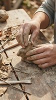 Skilled craftsman hands shaping clay on rustic wooden surface surrounded by natural twigs for traditional pottery making and artisan workshop projects.